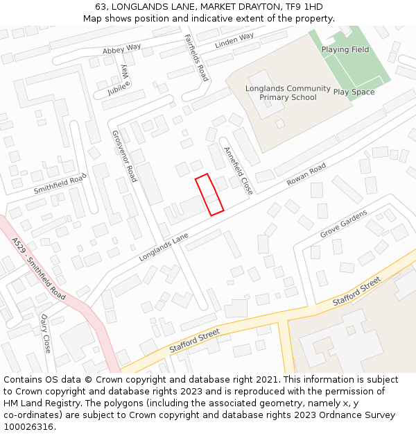 63, LONGLANDS LANE, MARKET DRAYTON, TF9 1HD: Location map and indicative extent of plot