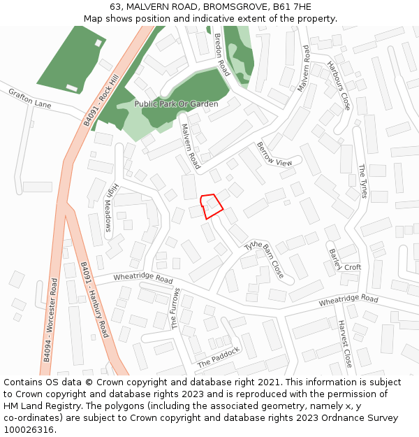 63, MALVERN ROAD, BROMSGROVE, B61 7HE: Location map and indicative extent of plot