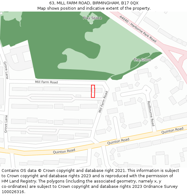 63, MILL FARM ROAD, BIRMINGHAM, B17 0QX: Location map and indicative extent of plot