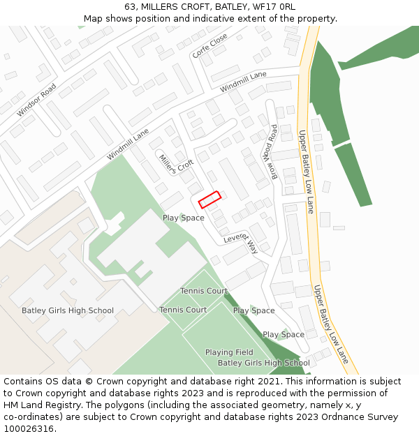 63, MILLERS CROFT, BATLEY, WF17 0RL: Location map and indicative extent of plot