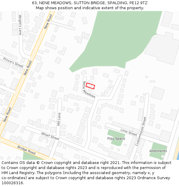 63, NENE MEADOWS, SUTTON BRIDGE, SPALDING, PE12 9TZ: Location map and indicative extent of plot