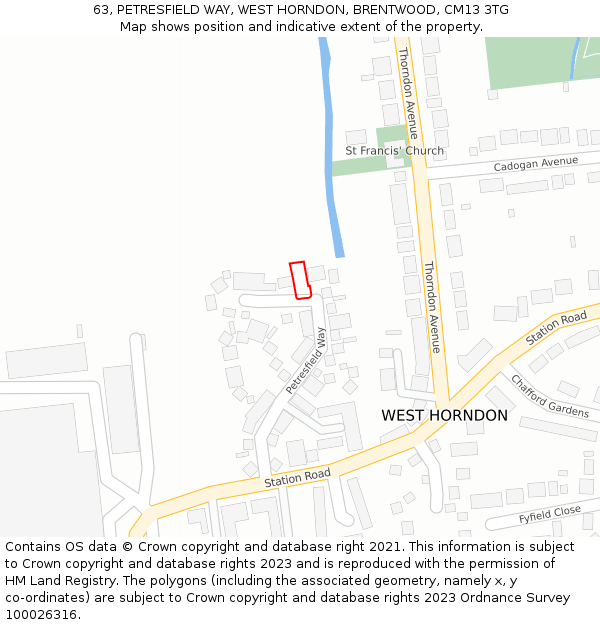 63, PETRESFIELD WAY, WEST HORNDON, BRENTWOOD, CM13 3TG: Location map and indicative extent of plot