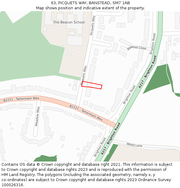 63, PICQUETS WAY, BANSTEAD, SM7 1AB: Location map and indicative extent of plot