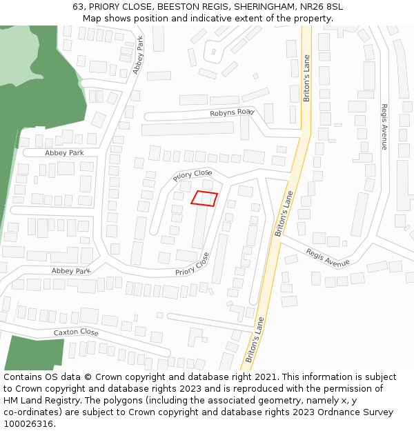 63, PRIORY CLOSE, BEESTON REGIS, SHERINGHAM, NR26 8SL: Location map and indicative extent of plot