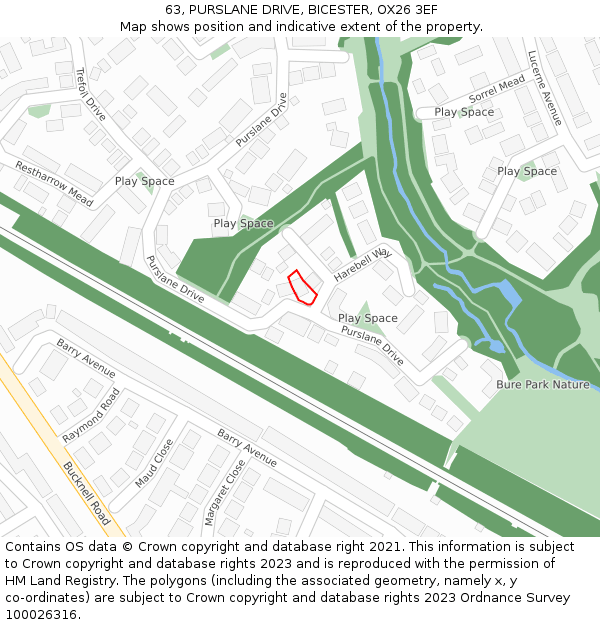 63, PURSLANE DRIVE, BICESTER, OX26 3EF: Location map and indicative extent of plot