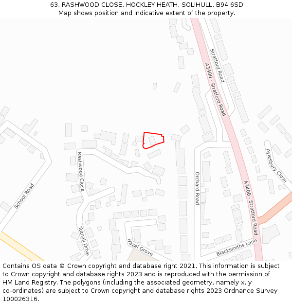 63, RASHWOOD CLOSE, HOCKLEY HEATH, SOLIHULL, B94 6SD: Location map and indicative extent of plot