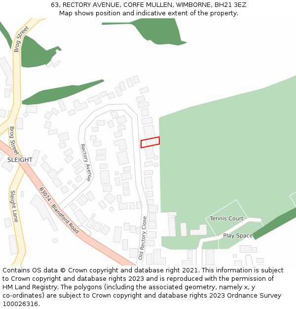 63, RECTORY AVENUE, CORFE MULLEN, WIMBORNE, BH21 3EZ: Location map and indicative extent of plot