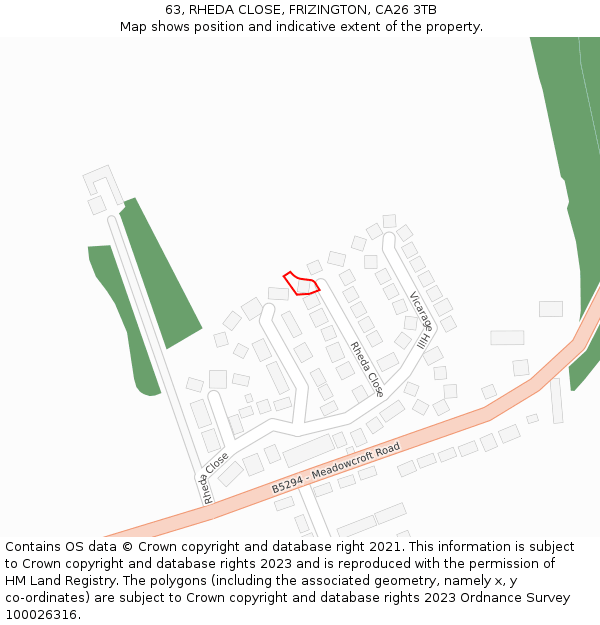 63, RHEDA CLOSE, FRIZINGTON, CA26 3TB: Location map and indicative extent of plot