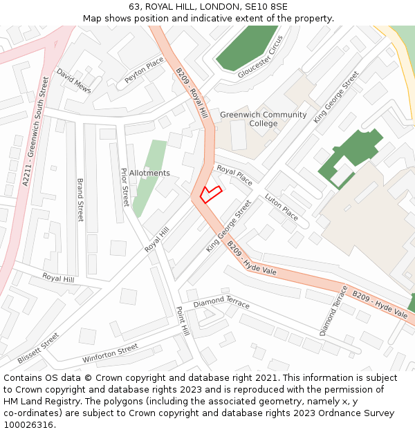 63, ROYAL HILL, LONDON, SE10 8SE: Location map and indicative extent of plot