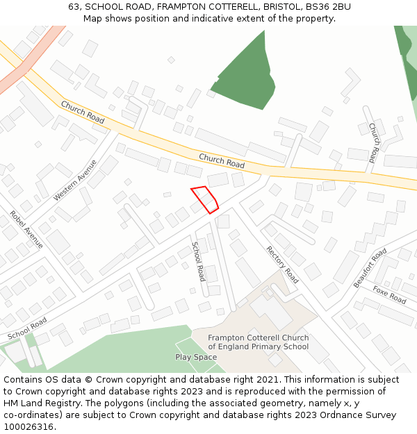 63, SCHOOL ROAD, FRAMPTON COTTERELL, BRISTOL, BS36 2BU: Location map and indicative extent of plot