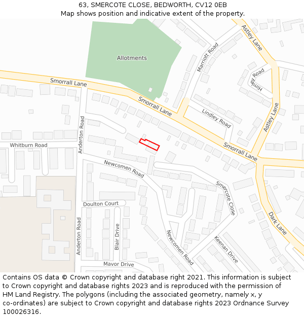 63, SMERCOTE CLOSE, BEDWORTH, CV12 0EB: Location map and indicative extent of plot