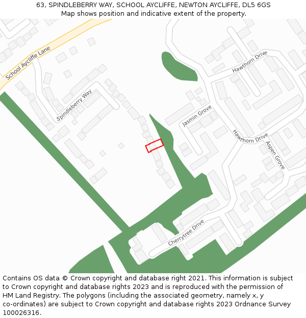 63, SPINDLEBERRY WAY, SCHOOL AYCLIFFE, NEWTON AYCLIFFE, DL5 6GS: Location map and indicative extent of plot