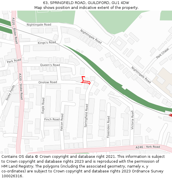 63, SPRINGFIELD ROAD, GUILDFORD, GU1 4DW: Location map and indicative extent of plot