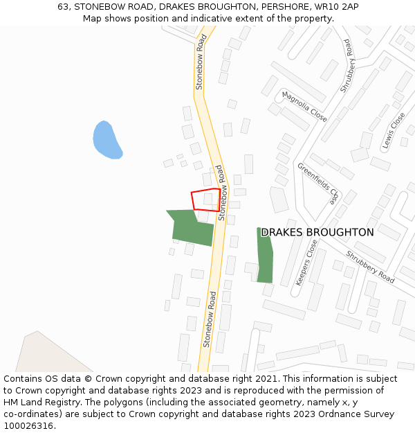 63, STONEBOW ROAD, DRAKES BROUGHTON, PERSHORE, WR10 2AP: Location map and indicative extent of plot