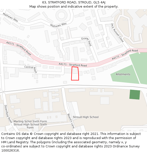 63, STRATFORD ROAD, STROUD, GL5 4AJ: Location map and indicative extent of plot