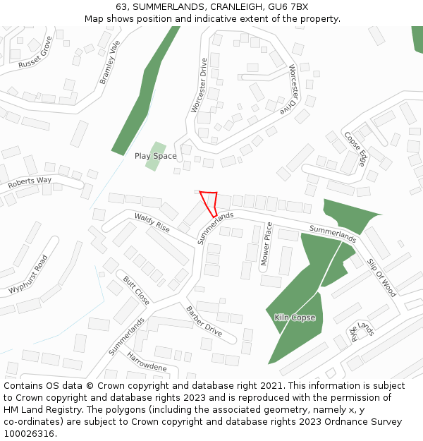 63, SUMMERLANDS, CRANLEIGH, GU6 7BX: Location map and indicative extent of plot