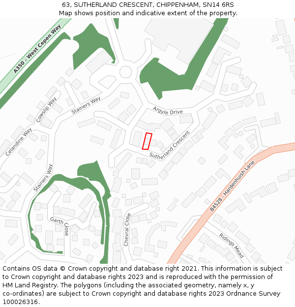 63, SUTHERLAND CRESCENT, CHIPPENHAM, SN14 6RS: Location map and indicative extent of plot