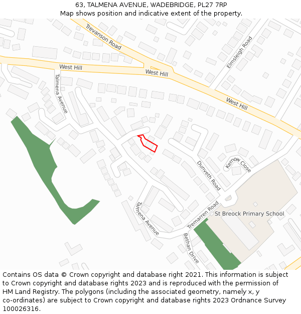 63, TALMENA AVENUE, WADEBRIDGE, PL27 7RP: Location map and indicative extent of plot