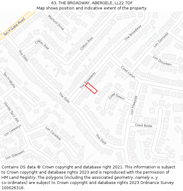 63, THE BROADWAY, ABERGELE, LL22 7DF: Location map and indicative extent of plot