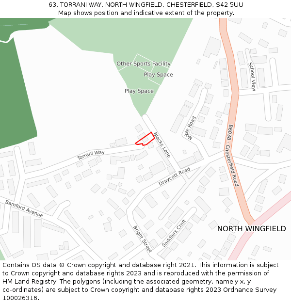 63, TORRANI WAY, NORTH WINGFIELD, CHESTERFIELD, S42 5UU: Location map and indicative extent of plot