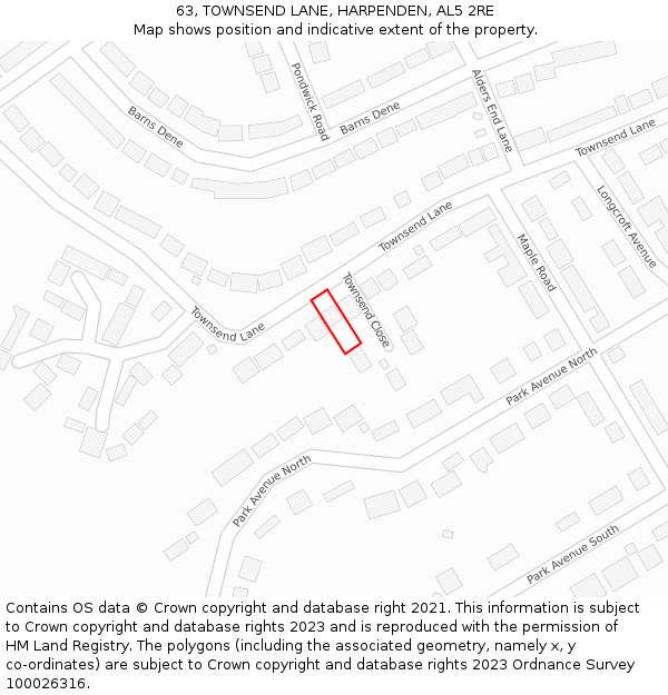 63, TOWNSEND LANE, HARPENDEN, AL5 2RE: Location map and indicative extent of plot