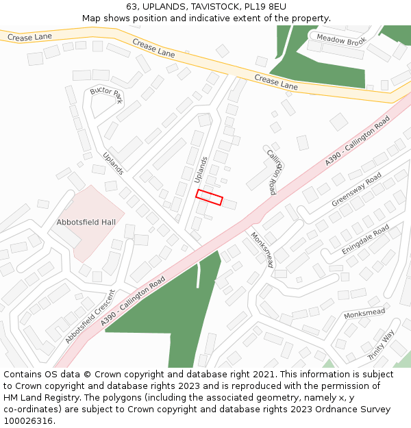 63, UPLANDS, TAVISTOCK, PL19 8EU: Location map and indicative extent of plot