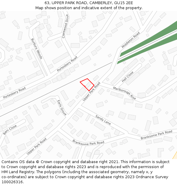 63, UPPER PARK ROAD, CAMBERLEY, GU15 2EE: Location map and indicative extent of plot