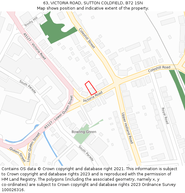 63, VICTORIA ROAD, SUTTON COLDFIELD, B72 1SN: Location map and indicative extent of plot