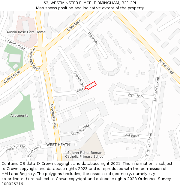 63, WESTMINSTER PLACE, BIRMINGHAM, B31 3PL: Location map and indicative extent of plot