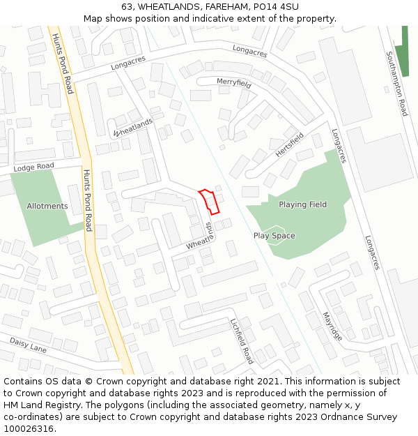 63, WHEATLANDS, FAREHAM, PO14 4SU: Location map and indicative extent of plot