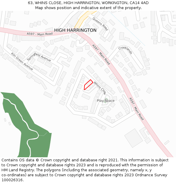 63, WHINS CLOSE, HIGH HARRINGTON, WORKINGTON, CA14 4AD: Location map and indicative extent of plot