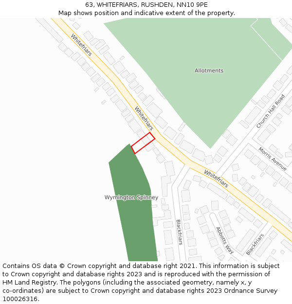 63, WHITEFRIARS, RUSHDEN, NN10 9PE: Location map and indicative extent of plot