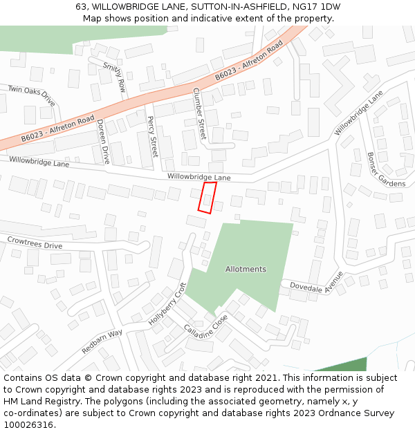 63, WILLOWBRIDGE LANE, SUTTON-IN-ASHFIELD, NG17 1DW: Location map and indicative extent of plot