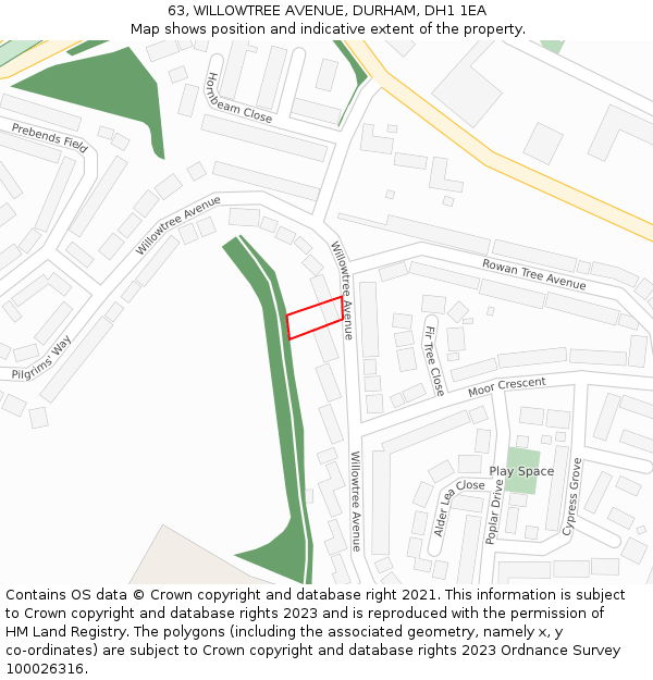 63, WILLOWTREE AVENUE, DURHAM, DH1 1EA: Location map and indicative extent of plot