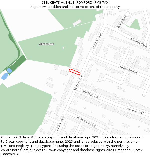 63B, KEATS AVENUE, ROMFORD, RM3 7AX: Location map and indicative extent of plot