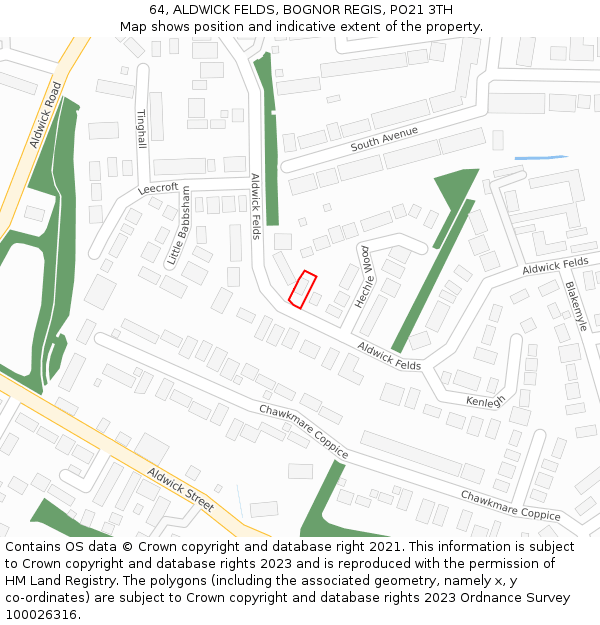 64, ALDWICK FELDS, BOGNOR REGIS, PO21 3TH: Location map and indicative extent of plot