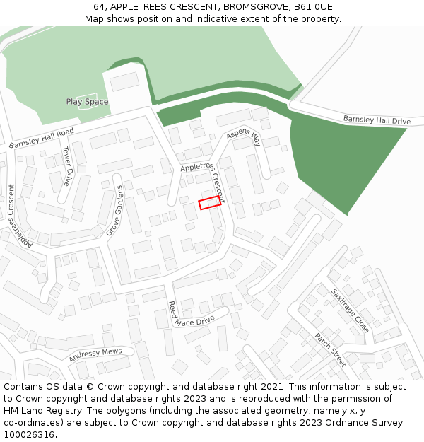 64, APPLETREES CRESCENT, BROMSGROVE, B61 0UE: Location map and indicative extent of plot