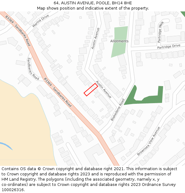 64, AUSTIN AVENUE, POOLE, BH14 8HE: Location map and indicative extent of plot