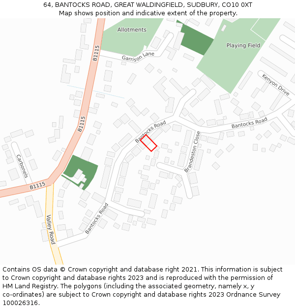 64, BANTOCKS ROAD, GREAT WALDINGFIELD, SUDBURY, CO10 0XT: Location map and indicative extent of plot