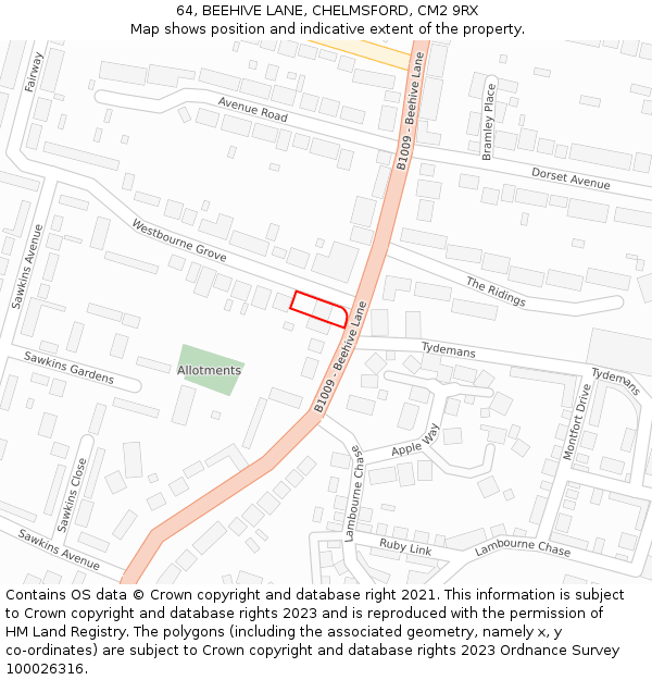 64, BEEHIVE LANE, CHELMSFORD, CM2 9RX: Location map and indicative extent of plot