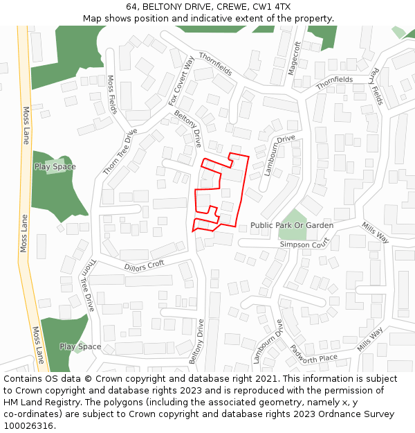 64, BELTONY DRIVE, CREWE, CW1 4TX: Location map and indicative extent of plot