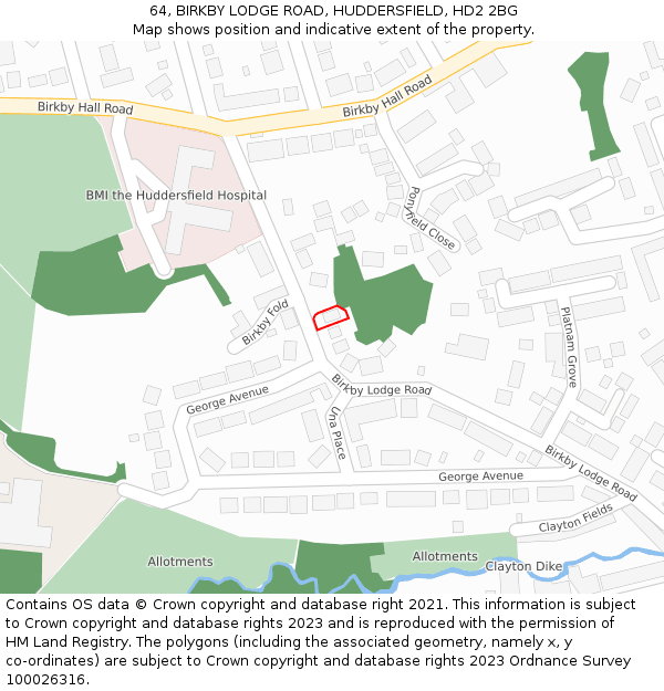 64, BIRKBY LODGE ROAD, HUDDERSFIELD, HD2 2BG: Location map and indicative extent of plot