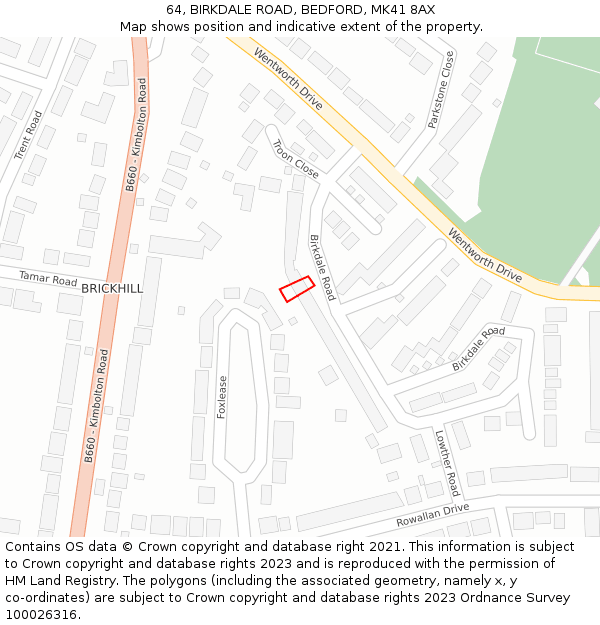 64, BIRKDALE ROAD, BEDFORD, MK41 8AX: Location map and indicative extent of plot