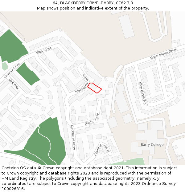 64, BLACKBERRY DRIVE, BARRY, CF62 7JR: Location map and indicative extent of plot