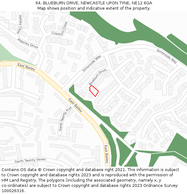 64, BLUEBURN DRIVE, NEWCASTLE UPON TYNE, NE12 6GA: Location map and indicative extent of plot