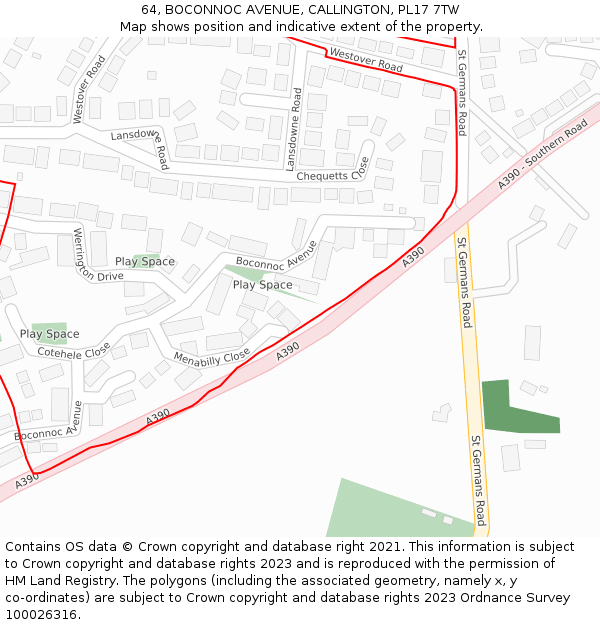 64, BOCONNOC AVENUE, CALLINGTON, PL17 7TW: Location map and indicative extent of plot