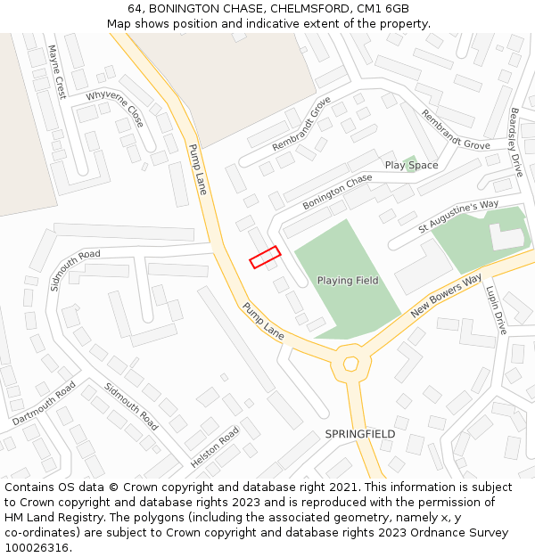 64, BONINGTON CHASE, CHELMSFORD, CM1 6GB: Location map and indicative extent of plot