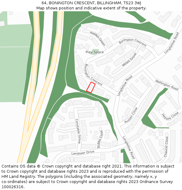 64, BONINGTON CRESCENT, BILLINGHAM, TS23 3WJ: Location map and indicative extent of plot