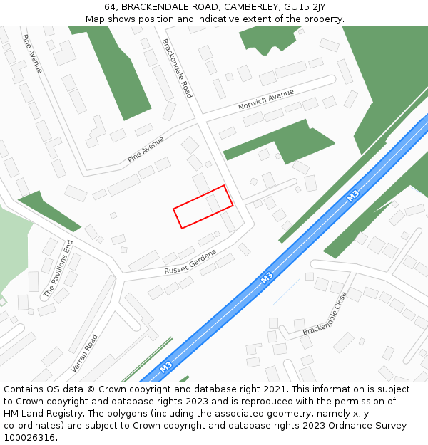 64, BRACKENDALE ROAD, CAMBERLEY, GU15 2JY: Location map and indicative extent of plot