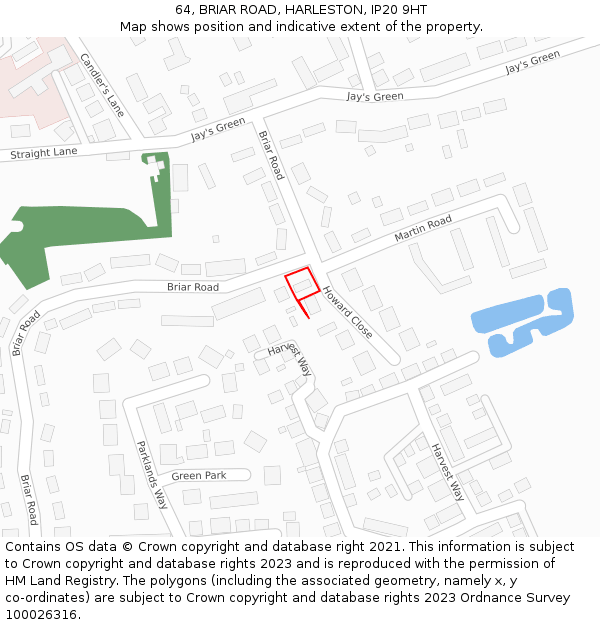 64, BRIAR ROAD, HARLESTON, IP20 9HT: Location map and indicative extent of plot